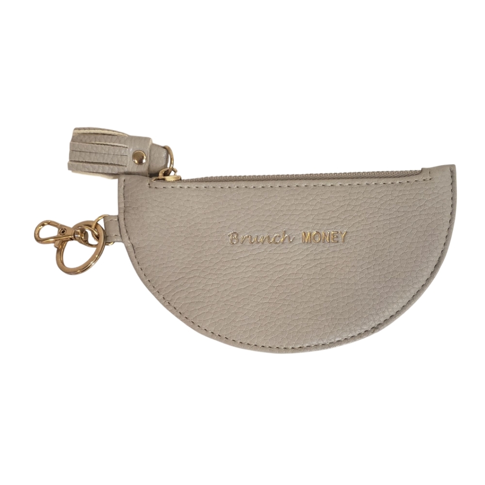 Gray Half Moon Change Purse says Brunch Money with key ring and hook